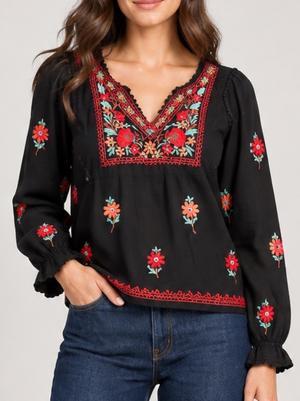 ASOS Embroidered Black Peasant Blouse with Red Floral Detai